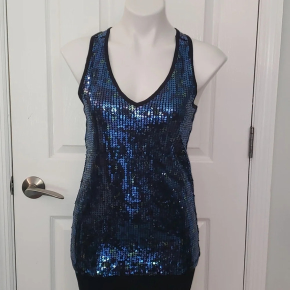 DKNY JEANS Blue & Green Sequined Racerback Tank - Picture 1 of 12
